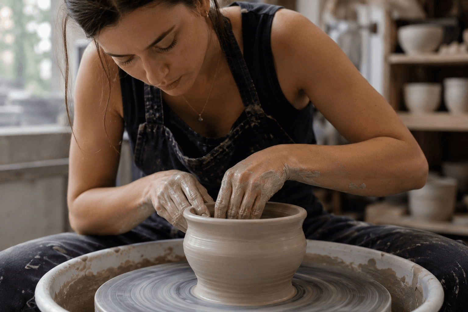 A maker shaping a vessel on a pottery wheel