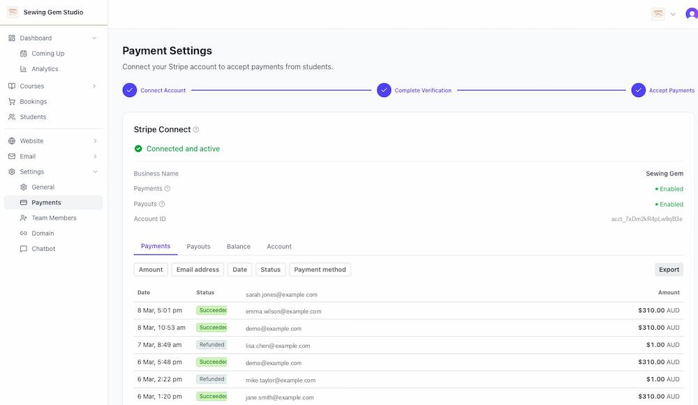 Screenshot: Embedded Stripe Dashboard